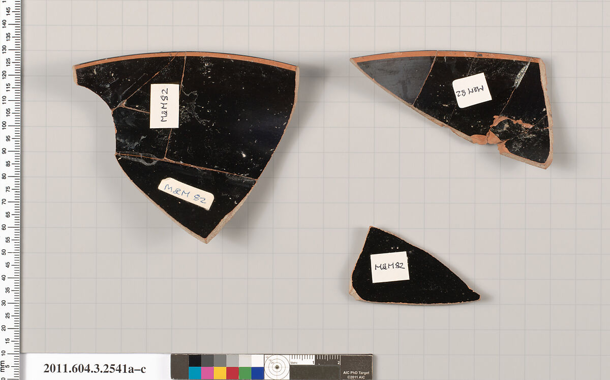 Terracotta fragments of a kylix (drinking cup), Terracotta, Greek, Attic