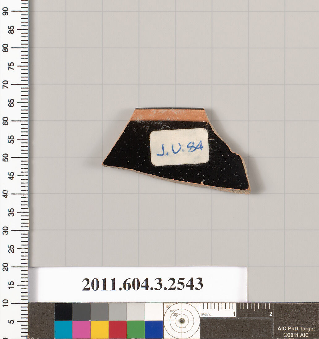 Terracotta rim fragment of a kylix: eye-cup (drinking cup)?, Terracotta, Greek, Attic