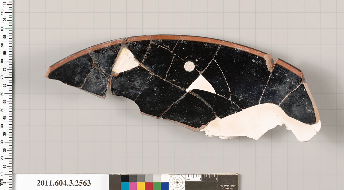 Terracotta rim fragment of a kylix: eye-cup (drinking cup), Terracotta, Greek, Attic
