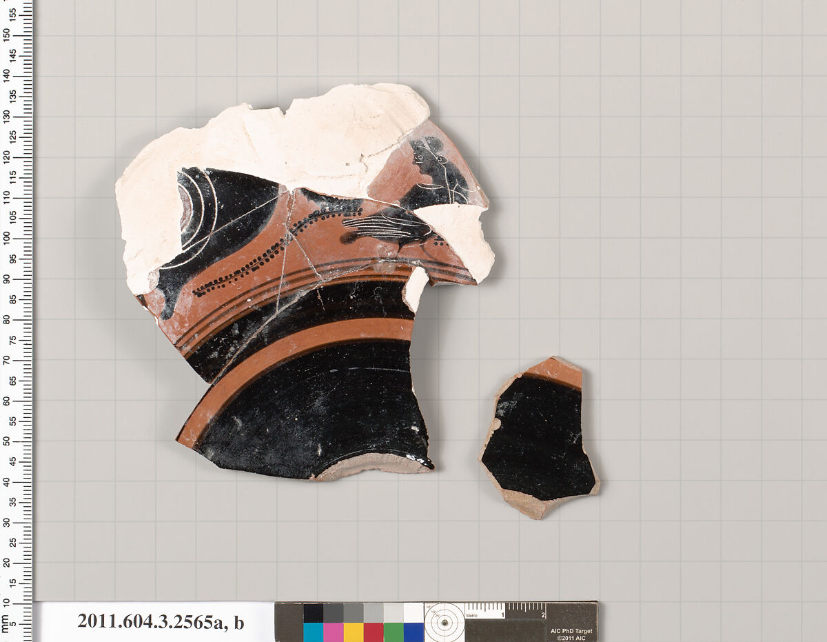 Terracotta fragments of a kylix: eye-cup (drinking cup), Terracotta, Greek, Attic