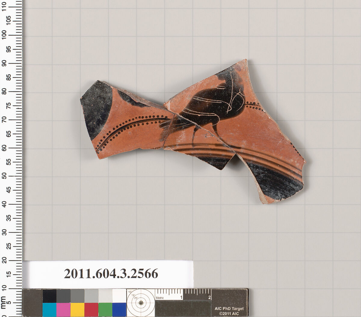 Terracotta fragment of a kylix: eye-cup (drinking cup), Terracotta, Greek, Attic 