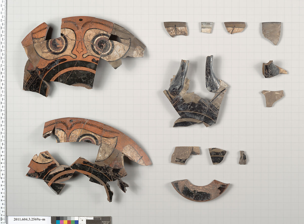 Terracotta fragments of a kylix: eye-cup (drinking cup), Terracotta, Greek, Attic