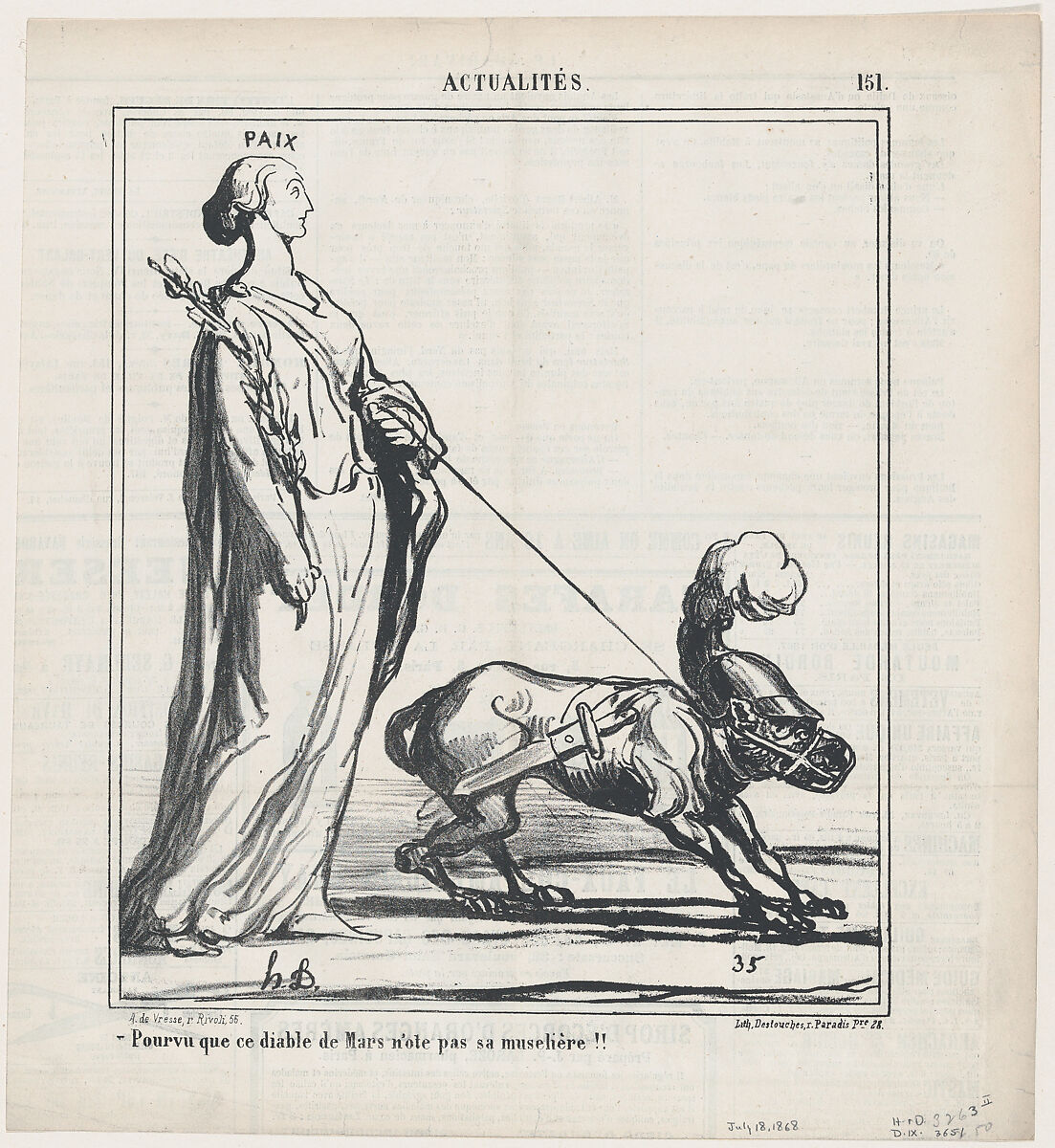 Let's just hope that this devil Mars doesn't pull out of his muzzle, from 'News of the day,' published in Le Charivari, July 18, 1868, Honoré Daumier (French, Marseilles 1808–1879 Valmondois), Lithograph on newsprint; second state of two (Delteil) 