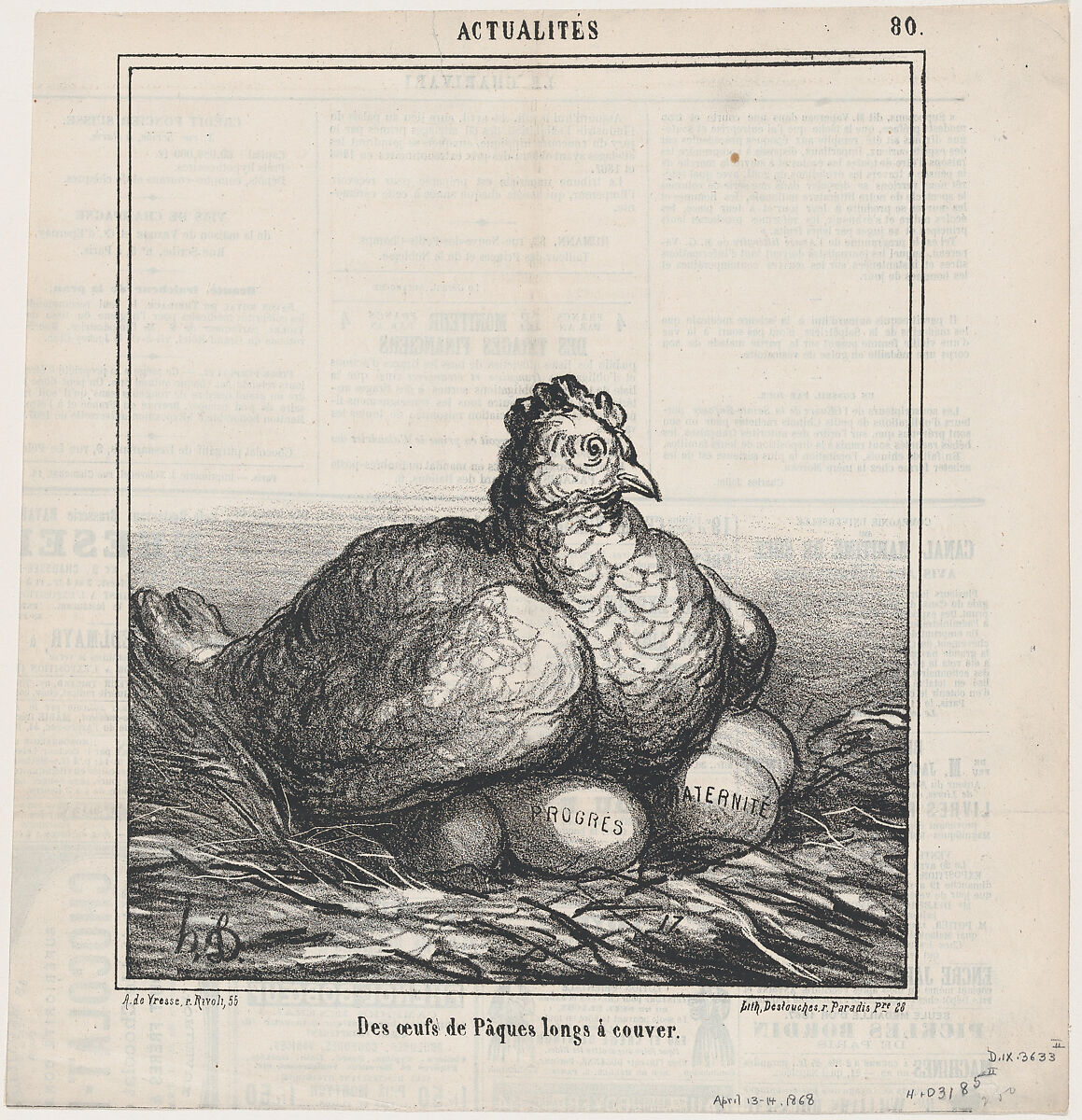 Easter eggs hatched for a long time, from 'News of the day,' published in Le Charivari, April 13-14, 1868, Honoré Daumier (French, Marseilles 1808–1879 Valmondois), Lithograph on newsprint; second state of two (Delteil) 
