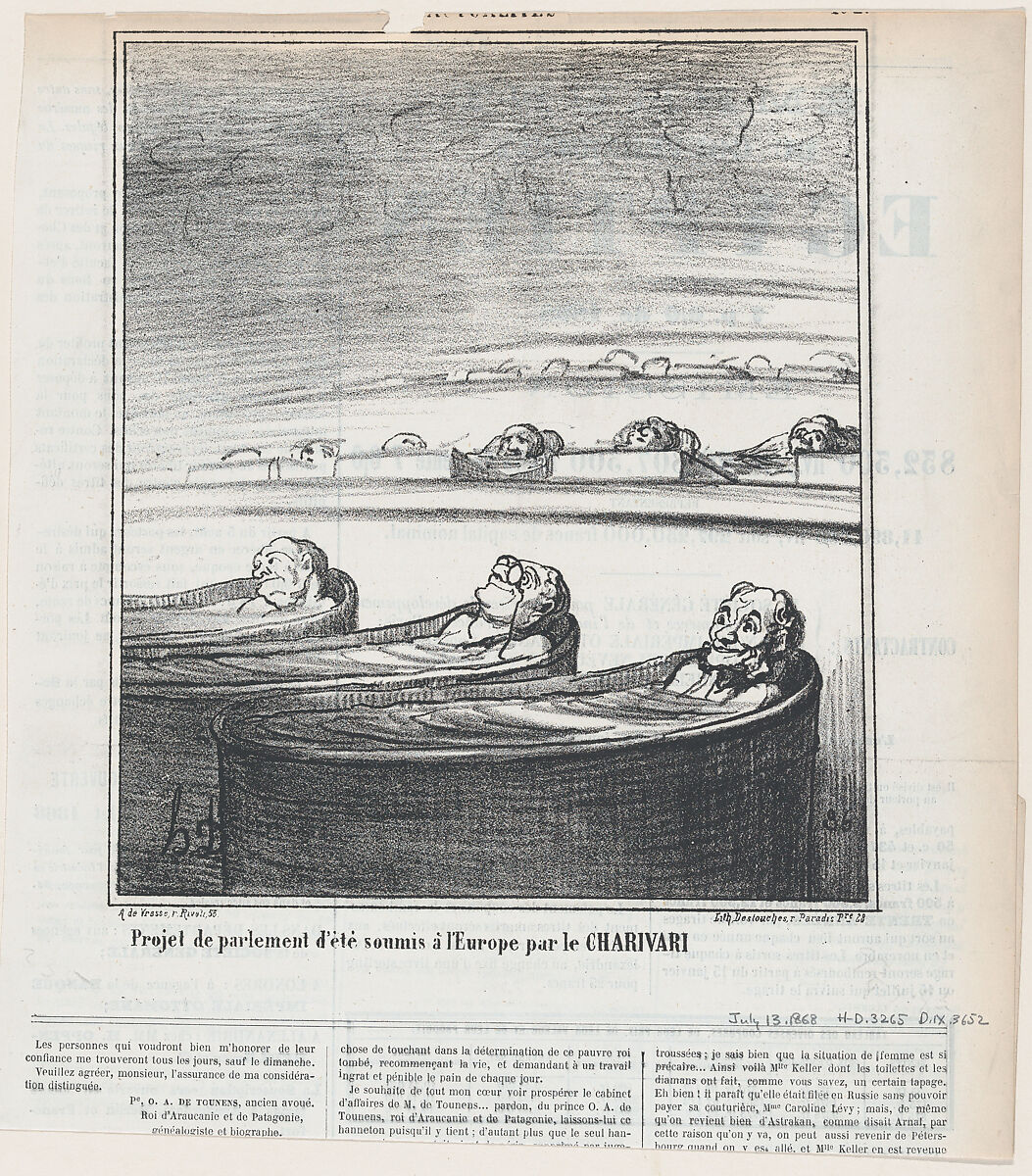 Idea for summer parliament submitted to Europe by the Charivari, from 'News of the day,' published in Le Charivari, July 13, 1868, Honoré Daumier (French, Marseilles 1808–1879 Valmondois), Lithograph on newsprint; second state of two (Delteil) 