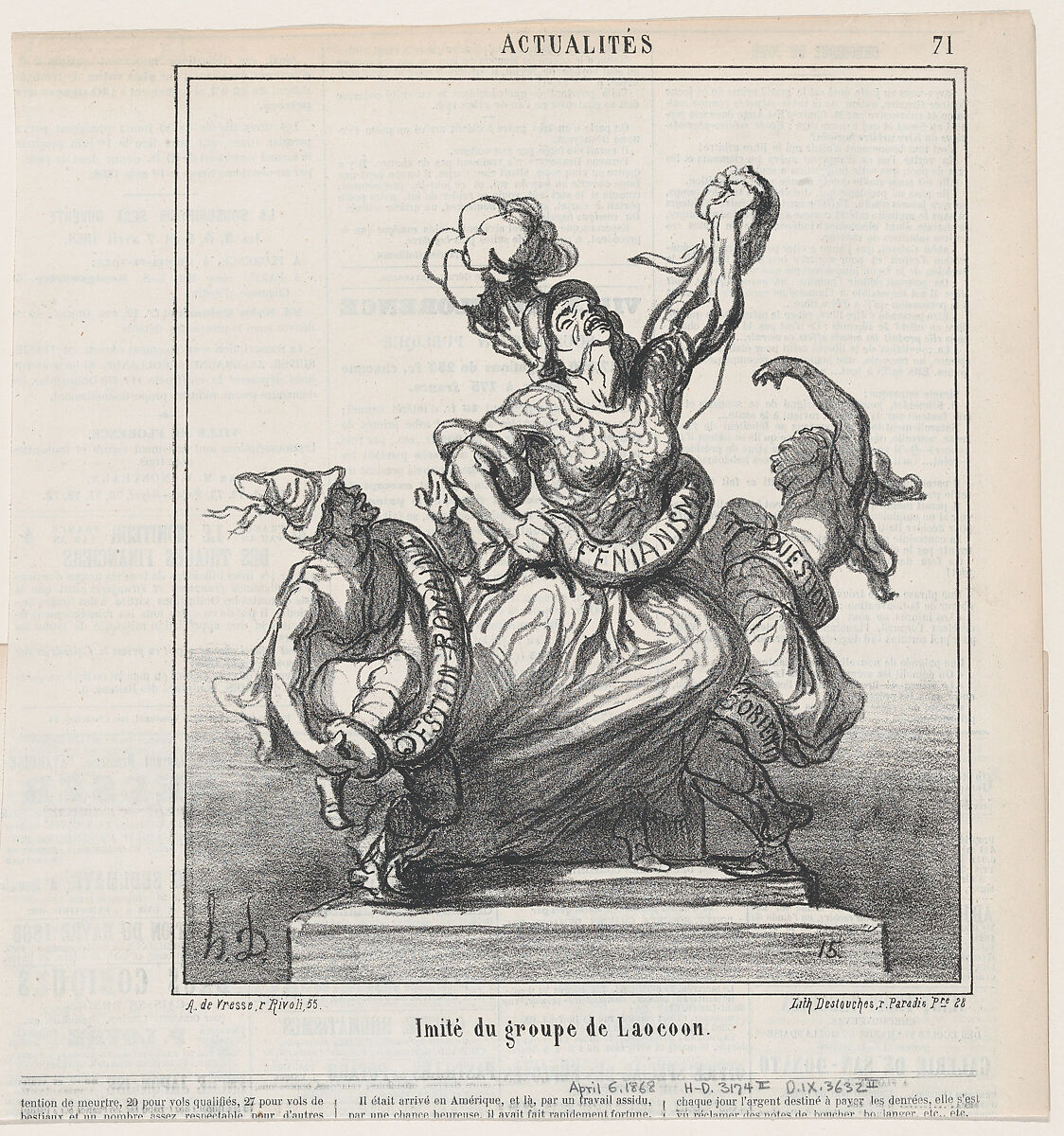 Imitation of the Laocoön-group, from 'News of the day,' published in Le Charivari, April 6, 1868, Honoré Daumier (French, Marseilles 1808–1879 Valmondois), Lithograph on newsprint; second state of two (Delteil) 
