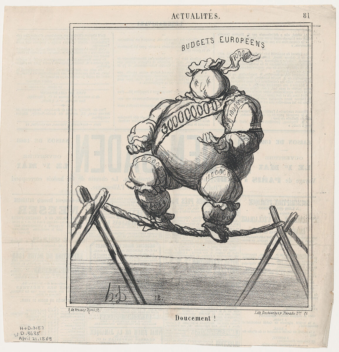 Gently!, from 'News of the day,' published in Le Charivari, April 21, 1868, Honoré Daumier (French, Marseilles 1808–1879 Valmondois), Lithograph on newsprint; second state of two (Delteil) 