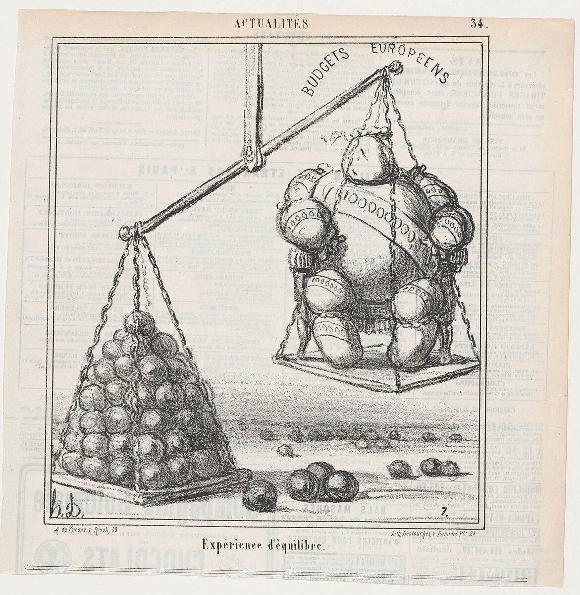 An experience with equilibrium, from 'News of the day,' published in "Le Charivari", Honoré Daumier (French, Marseilles 1808–1879 Valmondois), Lithograph on newsprint; second state of two (Delteil) 