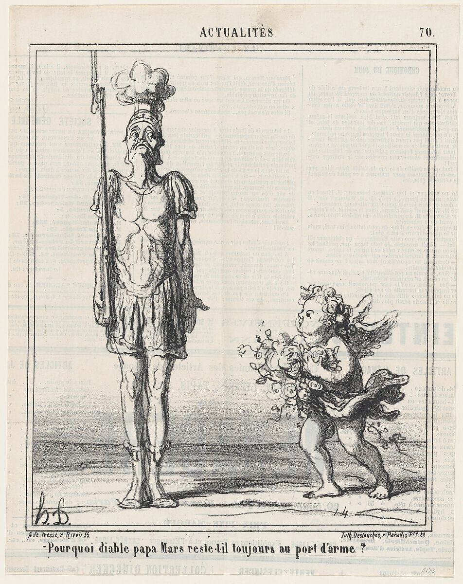 Why the hell does Mars still have a weapon?, from 'News of the day,' published in "Le Charivari", Honoré Daumier (French, Marseilles 1808–1879 Valmondois), Lithograph on newsprint; second state of two (Delteil) 
