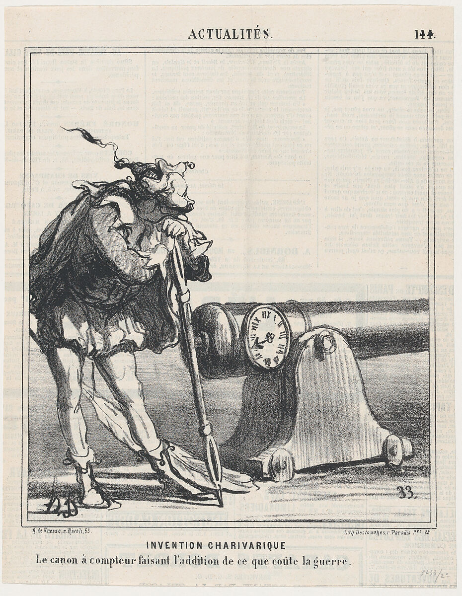 Charivari invention: A cannon equipped with a counter adding the costs of war, from 'News of the day,' published in "Le Charivari", Honoré Daumier (French, Marseilles 1808–1879 Valmondois), Lithograph on newsprint; third state of three (Delteil) 