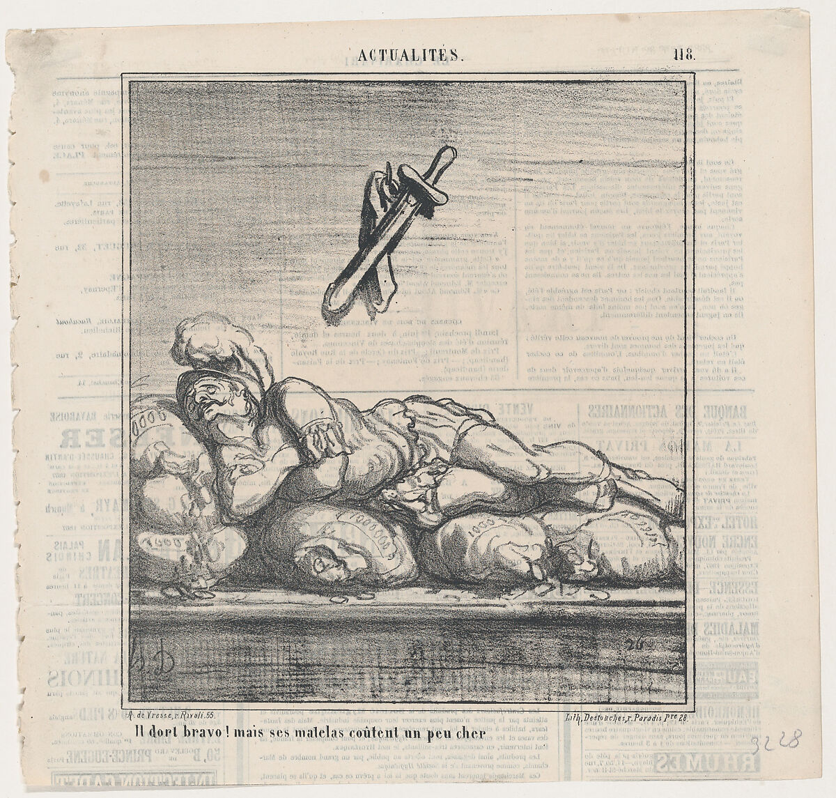 Bravo, he is asleep, but his mattress is a bit expensive, from "News of the day", Honoré Daumier (French, Marseilles 1808–1879 Valmondois), Lithograph on newsprint; third state of three (Delteil) 