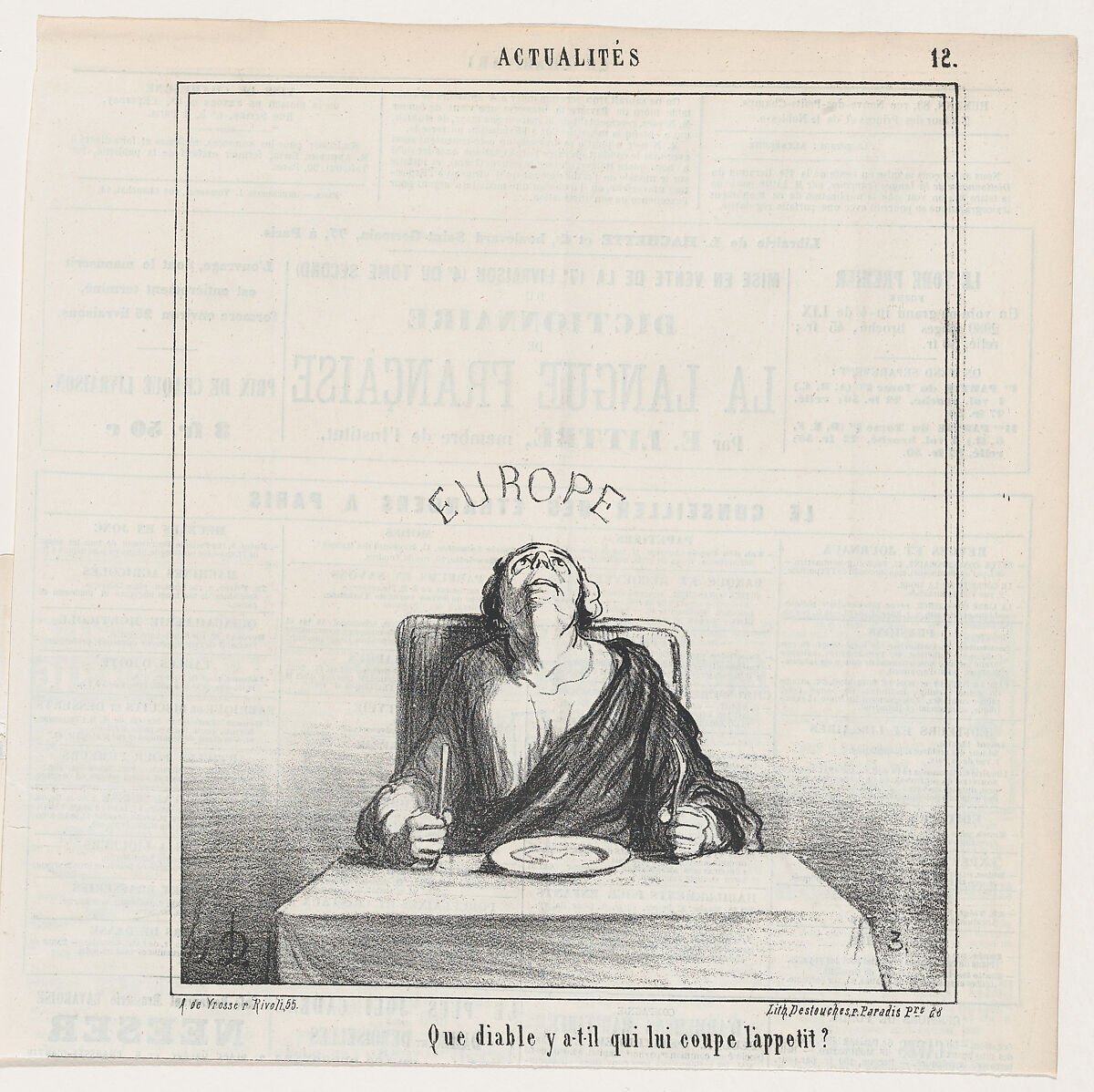 What the hell can destroy her appetite?, from "News of the day", Honoré Daumier (French, Marseilles 1808–1879 Valmondois), Lithograph on newsprint; second state of two (Delteil) 