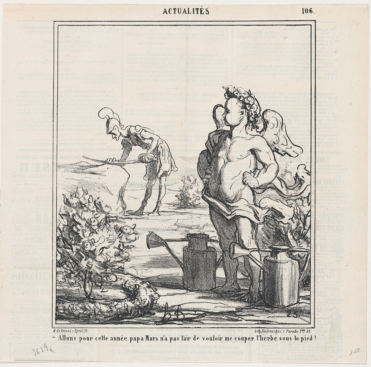 It almost looks as if this year Papa Mars will not be cutting the grass under my feet, from "News of the day", Honoré Daumier (French, Marseilles 1808–1879 Valmondois), Lithograph on newsprint; second state of two (Delteil) 