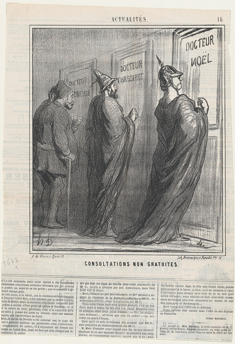 Consultations that are not free of charge, from 'News of the day,' published in Le Charivari, February 3, 1868, Honoré Daumier (French, Marseilles 1808–1879 Valmondois), Lithograph on newsprint; second state of two (Delteil) 