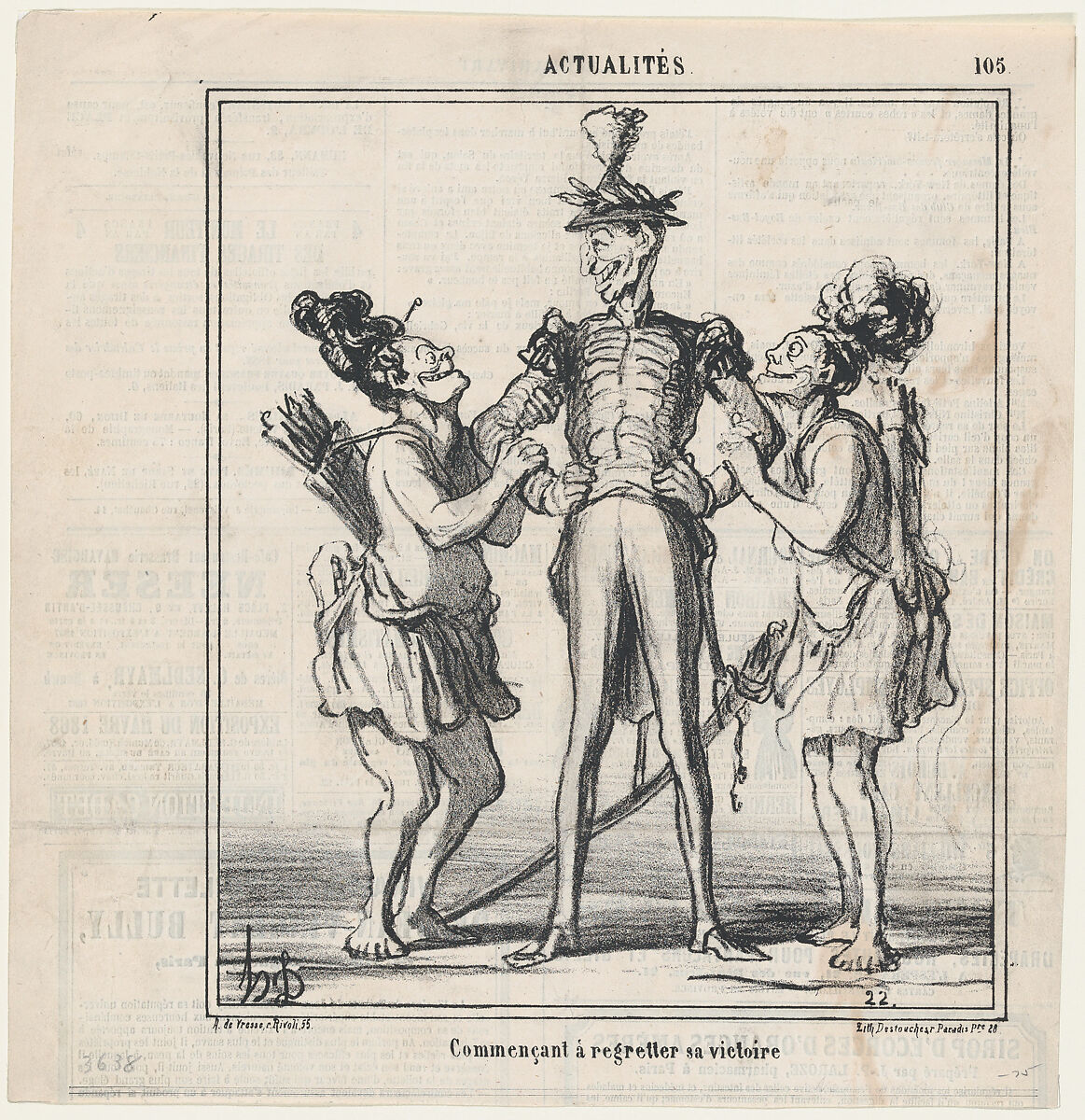 Beginning to regret his victory, from 'News of the day,' published in Le Charivari, May 4, 1868, Honoré Daumier (French, Marseilles 1808–1879 Valmondois), Lithograph on newsprint; second state of two (Delteil) 