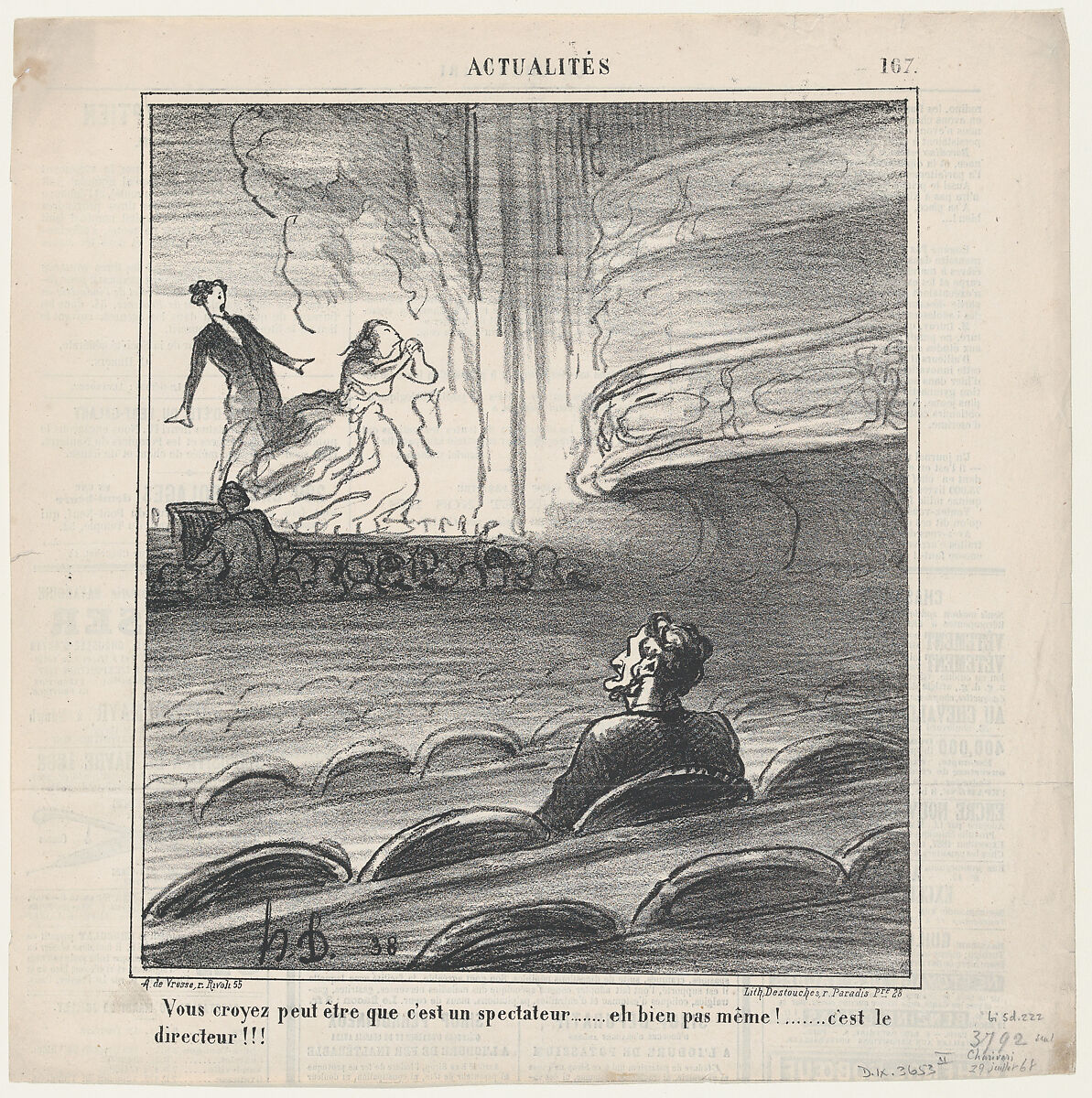You may suspect that this is a spectator! But you are wrong.... It's the manager of the theater!, from 'News of the day,' published in Le Charivari, July 29, 1868, Honoré Daumier (French, Marseilles 1808–1879 Valmondois), Lithograph on newsprint; second state of two (Delteil) 