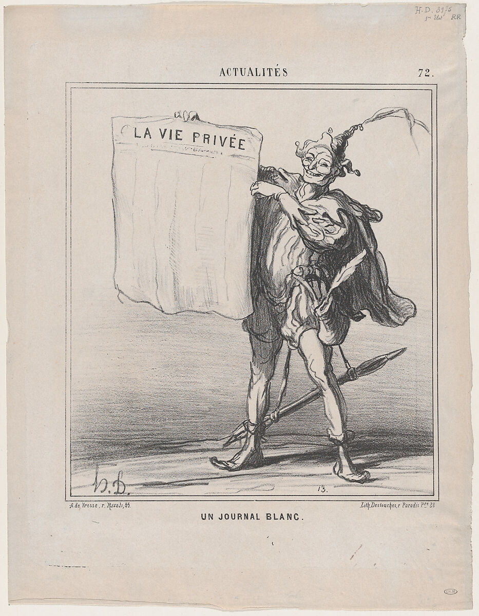 A blank newspaper, from 'News of the day,' published in Le Charivari, March 31, 1868, Honoré Daumier (French, Marseilles 1808–1879 Valmondois), Lithograph on newsprint; second state of three (Delteil) 