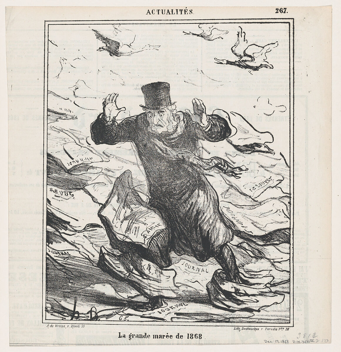 The spring-tide of 1868, from 'News of the day,' published in Le Charivari, December 19, 1868, Honoré Daumier (French, Marseilles 1808–1879 Valmondois), Lithograph on newsprint; third state of three (Delteil) 