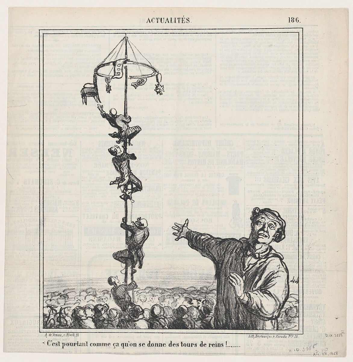 This is just the way to strain your back, from 'News of the day,' published in Le Charivari, August 28, 1868, Honoré Daumier (French, Marseilles 1808–1879 Valmondois), Lithograph on newsprint; third state of three (Delteil) 