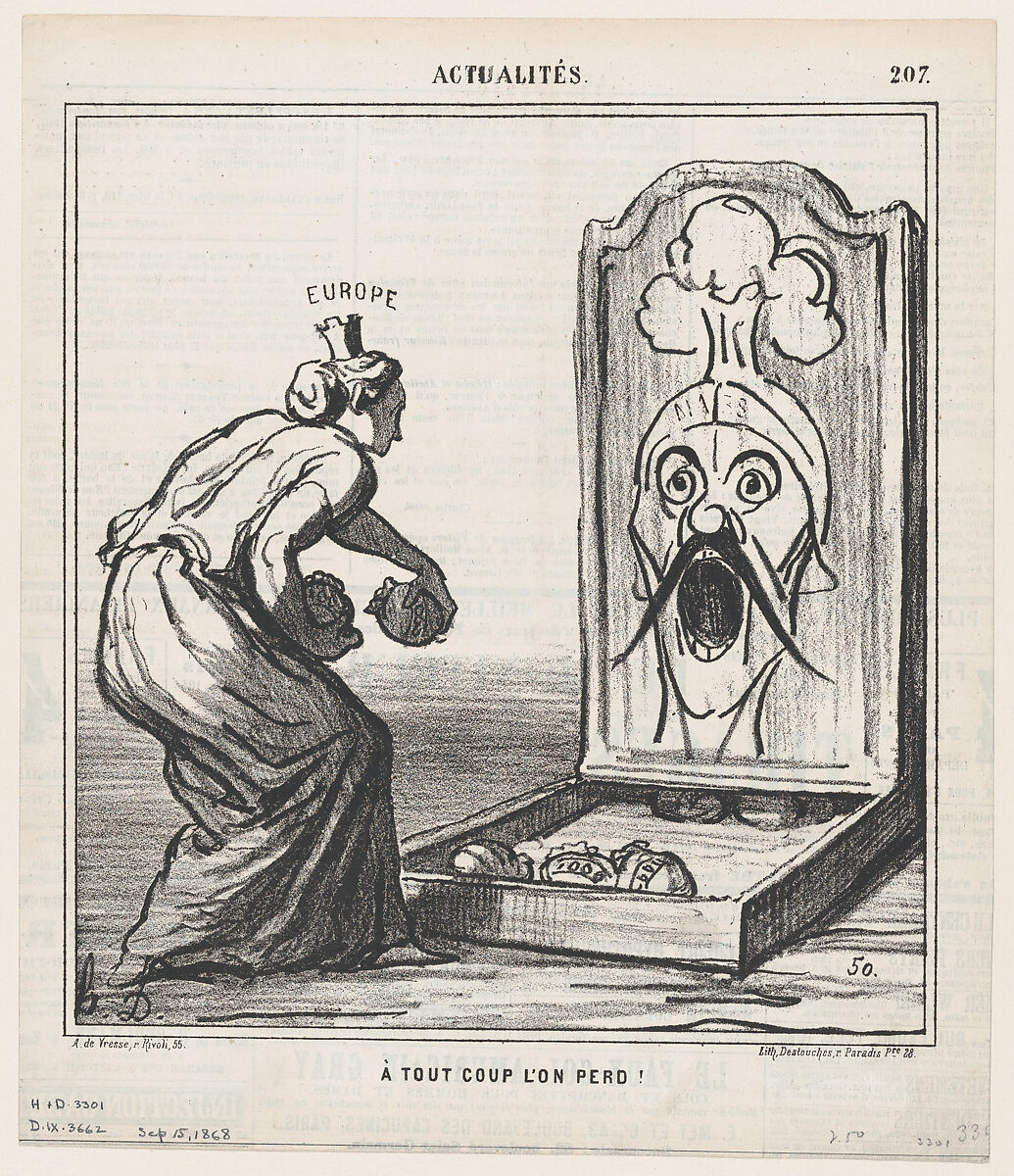 Every toss loses, from 'News of the day,' published in Le Charivari, September 15, 1868, Honoré Daumier (French, Marseilles 1808–1879 Valmondois), Lithograph on newsprint; second state of two (Delteil) 
