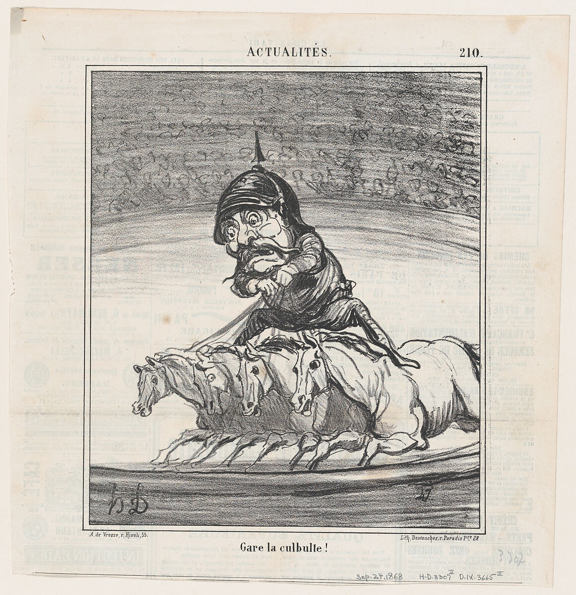 Beware of the fall!, from 'News of the day,' published in Le Charivari, September 24, 1868, Honoré Daumier (French, Marseilles 1808–1879 Valmondois), Lithograph on newsprint; second state of two (Delteil) 