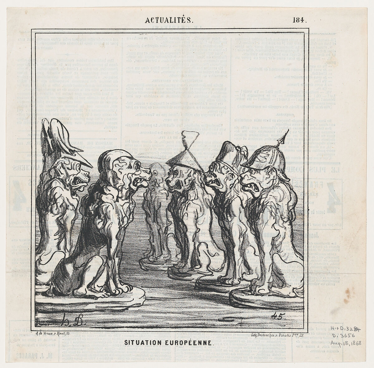 The European state of affairs, from 'News of the day,' published in Le Charivari, August 18, 1868, Honoré Daumier (French, Marseilles 1808–1879 Valmondois), Lithograph on newsprint; second state of two (Delteil) 