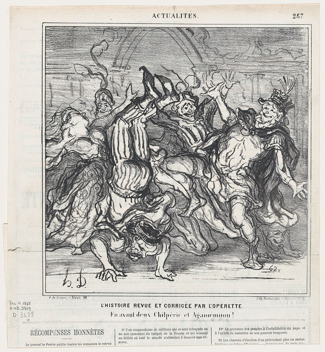 History revised and corrected by the operetta: Go ahead Chilperic and Agamemnon!, from 'News of the day,' published in Le Charivari, December 11, 1868, Honoré Daumier (French, Marseilles 1808–1879 Valmondois), Lithograph on newsprint; second state of two (Delteil) 