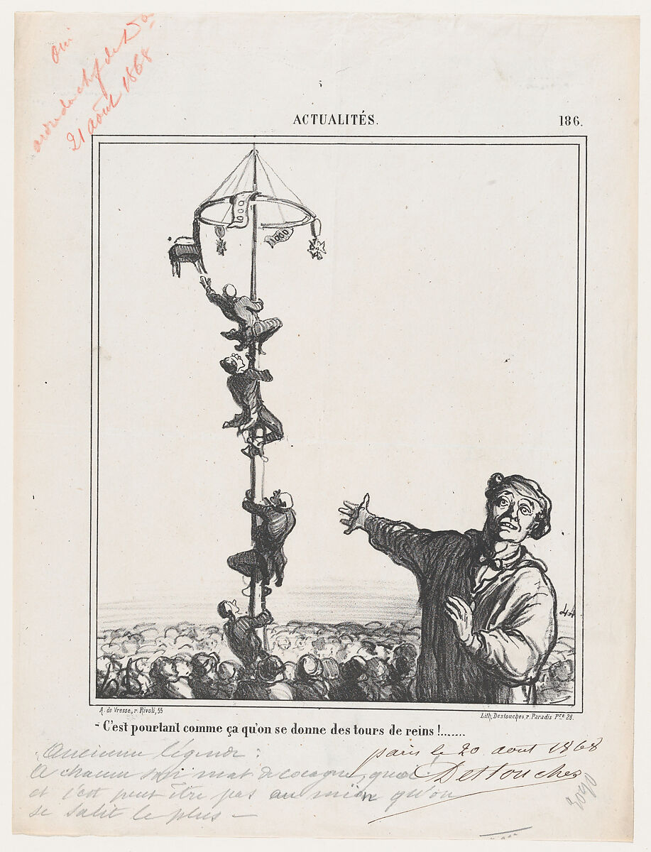 This is just a way to strain your back, from 'News of the day,' published in Le Charivari, August 28, 1868, Honoré Daumier (French, Marseilles 1808–1879 Valmondois), Lithograph, pen and brown ink, red pencil, and graphite on newsprint; second state of two, proof (Delteil) 