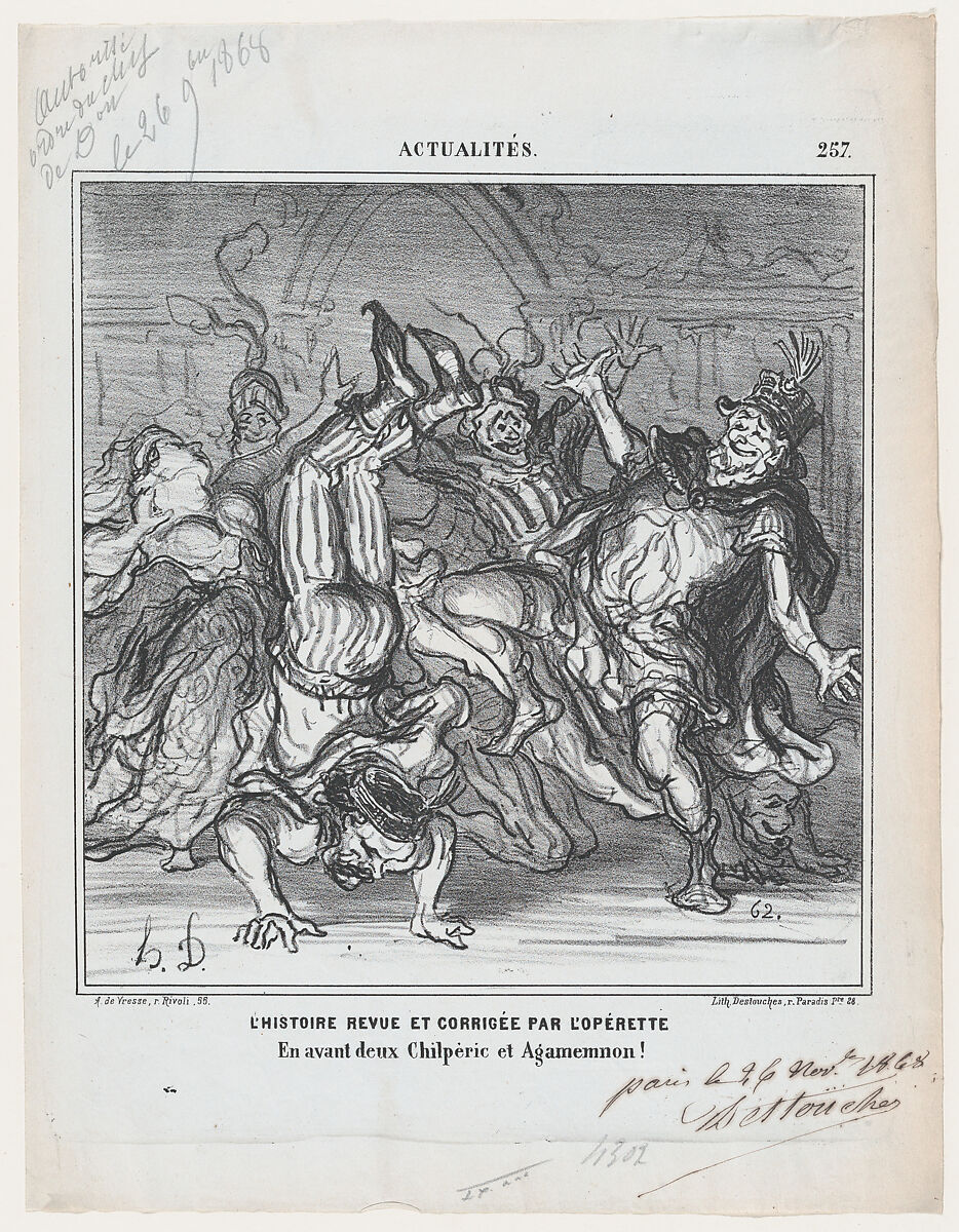 History revised and corrected by the operetta: Go ahead Chilperic and Agamemnon!, from 'News of the day,' published in Le Charivari, December 11, 1868, Honoré Daumier (French, Marseilles 1808–1879 Valmondois), Lithograph, pen and brown ink and graphite on newsprint; second state of two, proof (Delteil) 