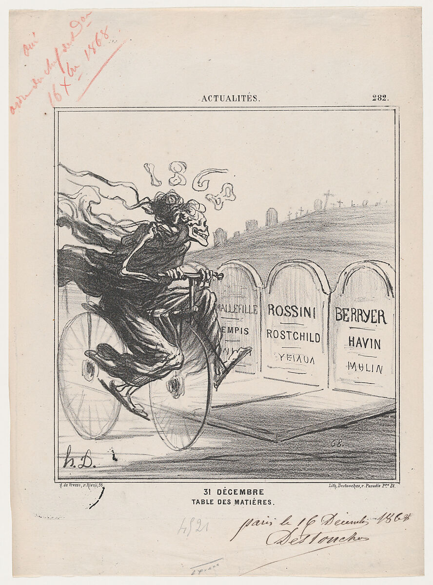 December 31st, Table of contents, from 'News of the day,' published in Le Charivari, December 31, 1868, Honoré Daumier (French, Marseilles 1808–1879 Valmondois), Lithograph, pen and brown ink and red pencil on newsprint; second state of two, proof (Delteil) 