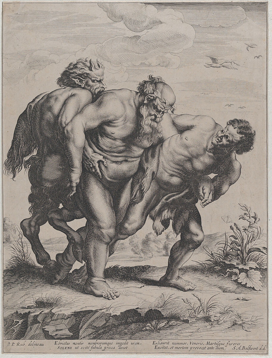 The drunken Silenus, supported by a satyr and a faun, Schelte Adams à Bolswert (Dutch, Bolsward 1581–1659 Antwerp), Engraving; second state of three 