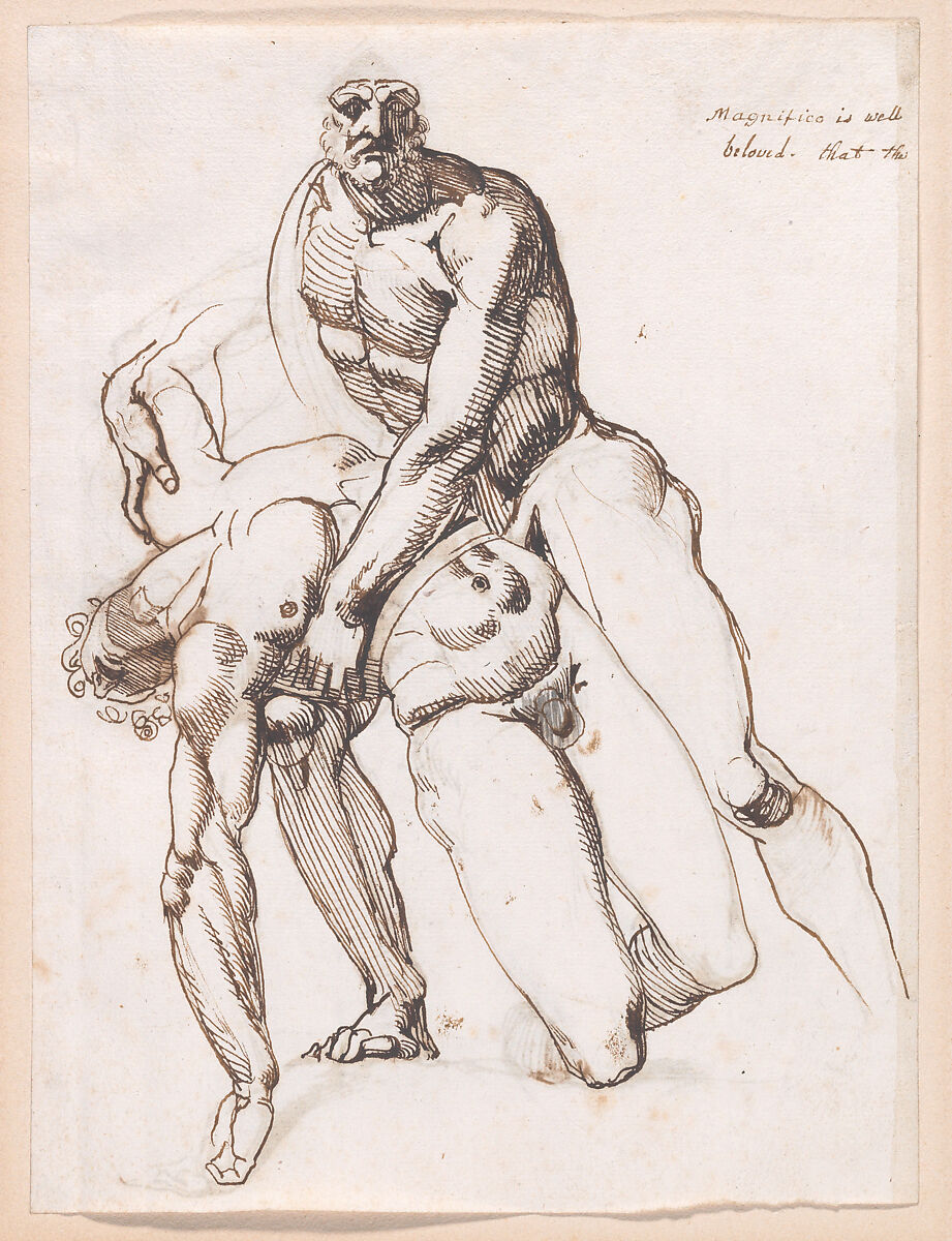 Menelaus and Patroclus, after the Antique (recto and verso), Henry Fuseli (Swiss, Zürich 1741–1825 London), Pen and brown ink (recto); pen and ink over graphite (verso) 