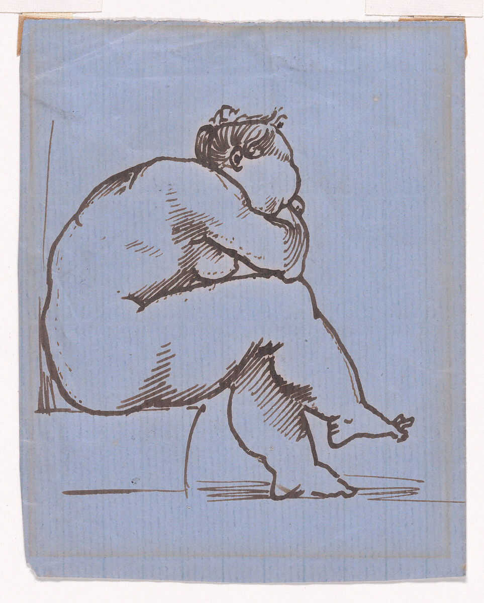 A seated fat lady, Sir Edward Burne-Jones (British, Birmingham 1833–1898 Fulham), Pen and ink on lined blue paper 