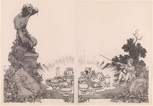 The Magic Meal (for "The Hat Full of Soldiers," The Strand Magazine, January 1916, pp. 104-105), William Heath Robinson (British, London 1872–1944 Highgate, London), Pen and ink on two joined sheets 