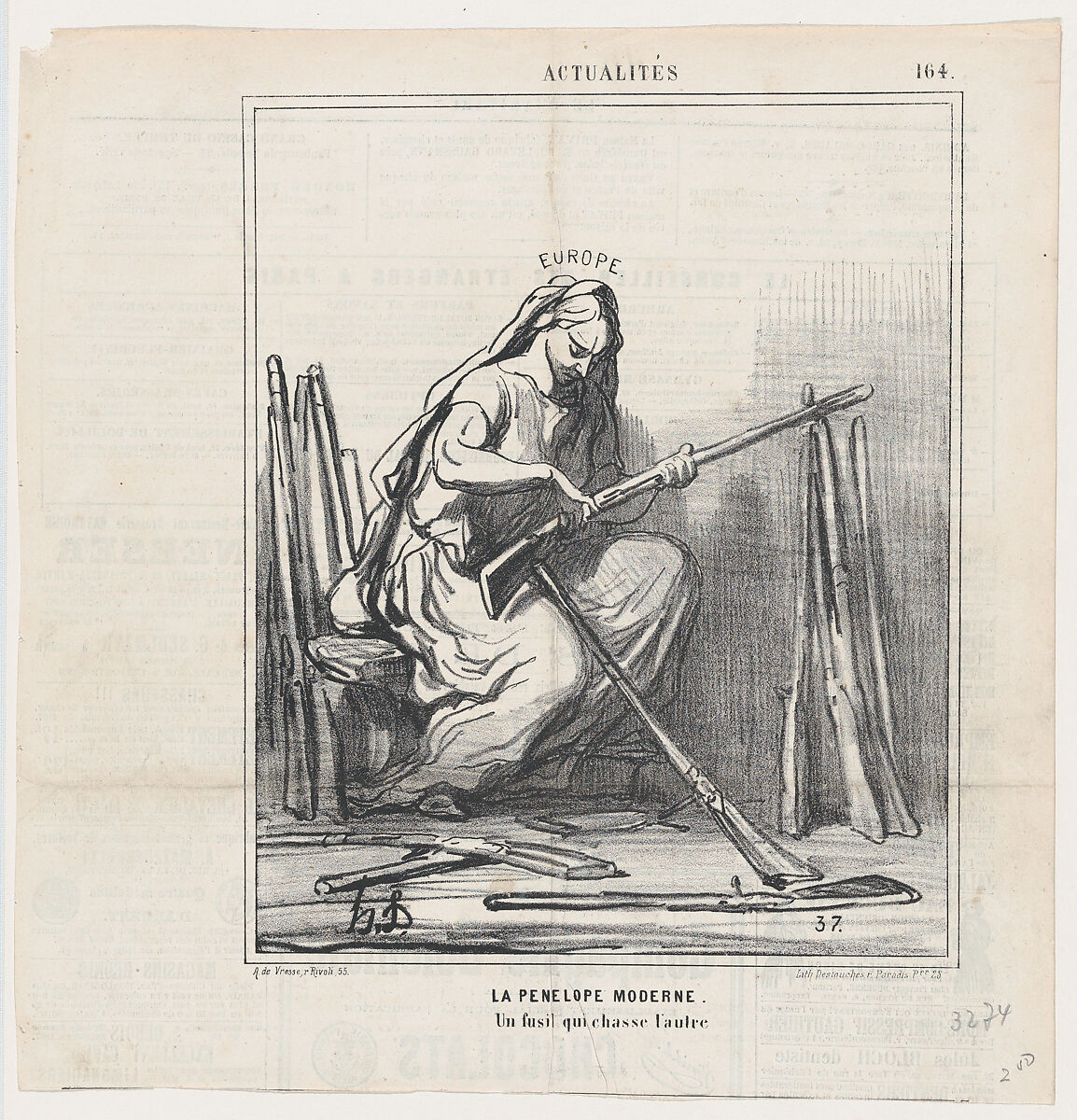 Modern Penelope: one gun after another, from 'News of the day,' published in "Le Charivari", Honoré Daumier (French, Marseilles 1808–1879 Valmondois), Lithograph on newsprint; second state of two (Delteil) 