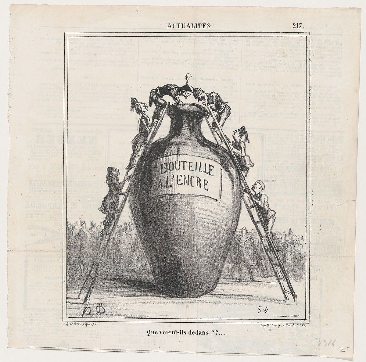 What do they see inside?, from 'News of the day,' published in "Le Charivari", Honoré Daumier (French, Marseilles 1808–1879 Valmondois), Lithograph on newsprint; second state of two (Delteil) 