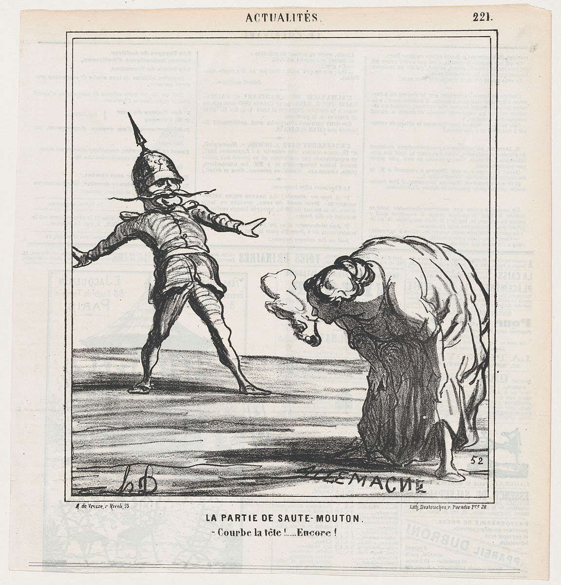 The leapfrog game: Bend your head down! Again!, from 'News of the day,' published in "Le Charivari", Honoré Daumier (French, Marseilles 1808–1879 Valmondois), Lithograph on newsprint; second state of two (Delteil) 
