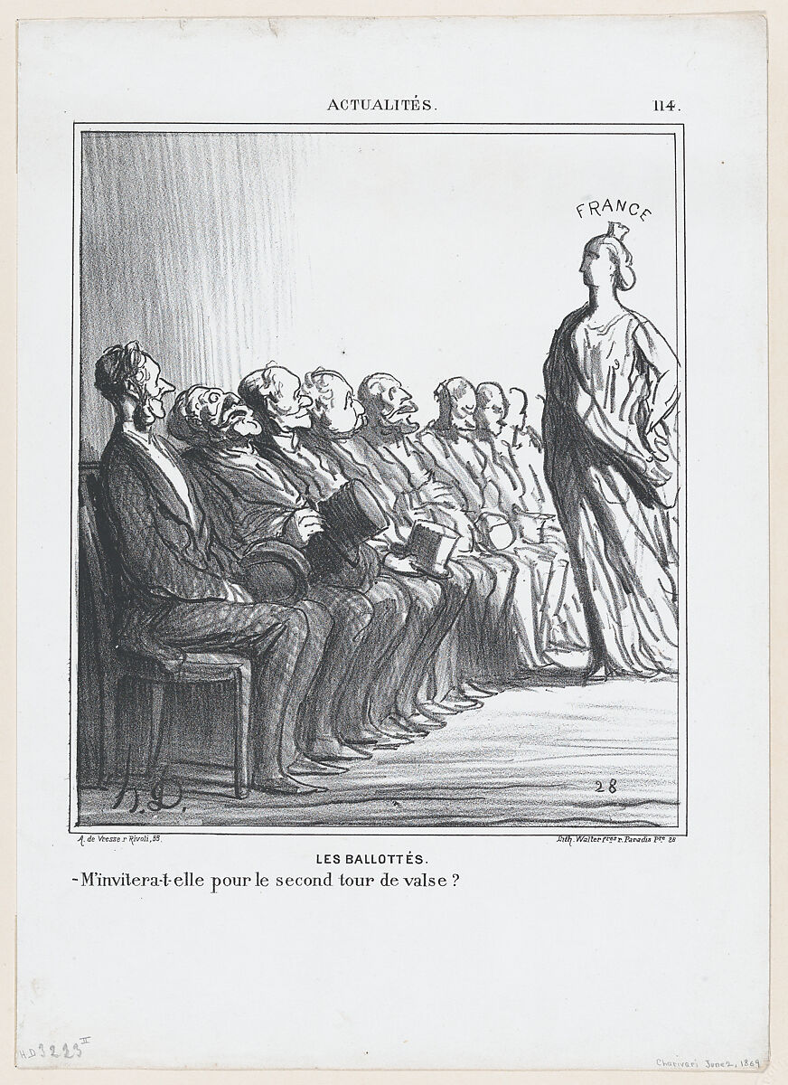 Run-off elections: Will she invite me for a second waltz?, from 'News of the day,' published in "Le Charivari", Honoré Daumier (French, Marseilles 1808–1879 Valmondois), Lithograph on wove paper; second state of two (Delteil) 