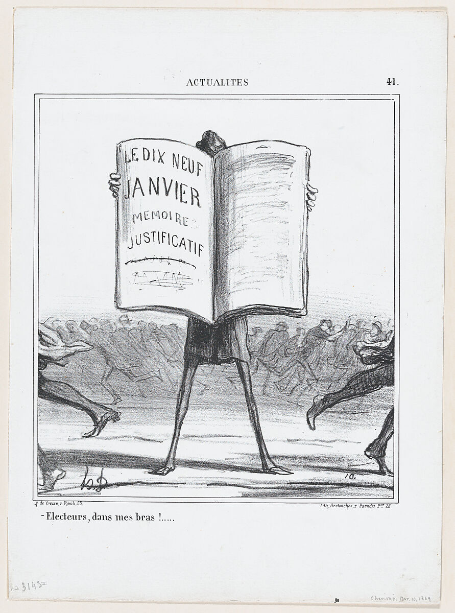 Electors, into my arms!..., from 'News of the day,' published in "Le Charivari", Honoré Daumier (French, Marseilles 1808–1879 Valmondois), Lithograph on wove paper; second state of two (Delteil) 