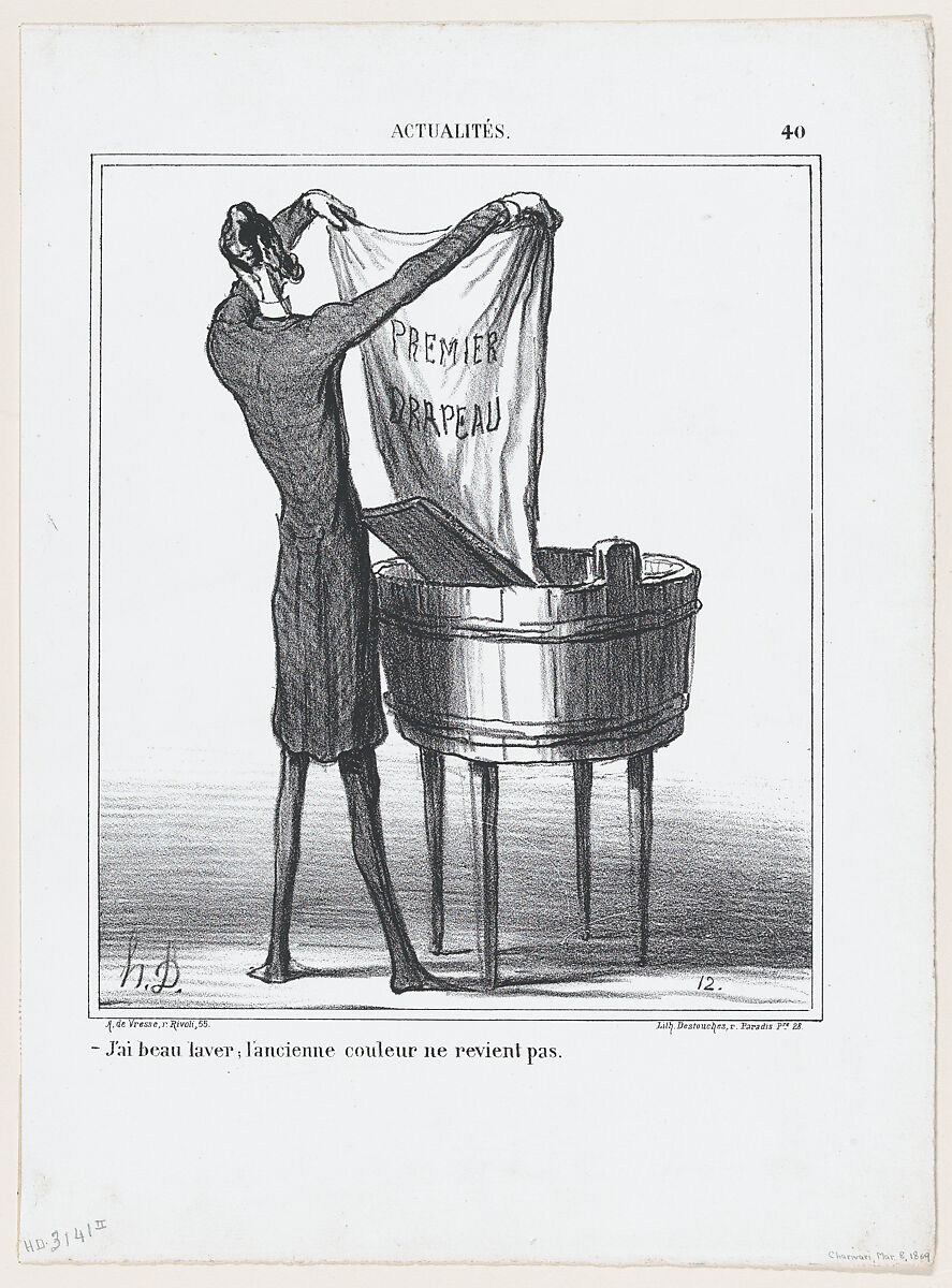 I can wash as much as I want, the old color won't come back, from 'News of the day,' published in "Le Charivari", Honoré Daumier (French, Marseilles 1808–1879 Valmondois), Lithograph on wove paper; second state of two (Delteil) 