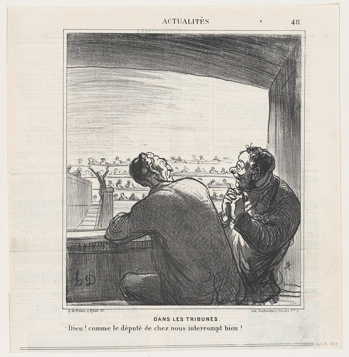 At the visitors tribune: God, our Deputy is good at interrupting!, from 'News of the day,' published in Le Charivari, April 8, 1869, Honoré Daumier (French, Marseilles 1808–1879 Valmondois), Lithograph on newsprint; second state of two (Delteil) 