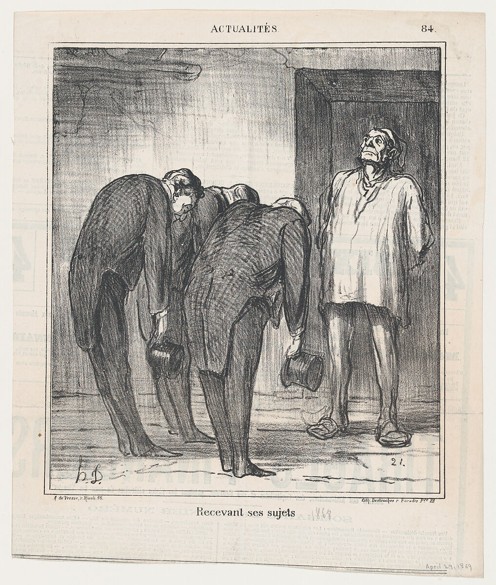 Receiving his subjects, from 'News of the day,' published in Le Charivari, April 29, 1869, Honoré Daumier (French, Marseilles 1808–1879 Valmondois), Lithograph on newsprint; second state of two (Delteil) 