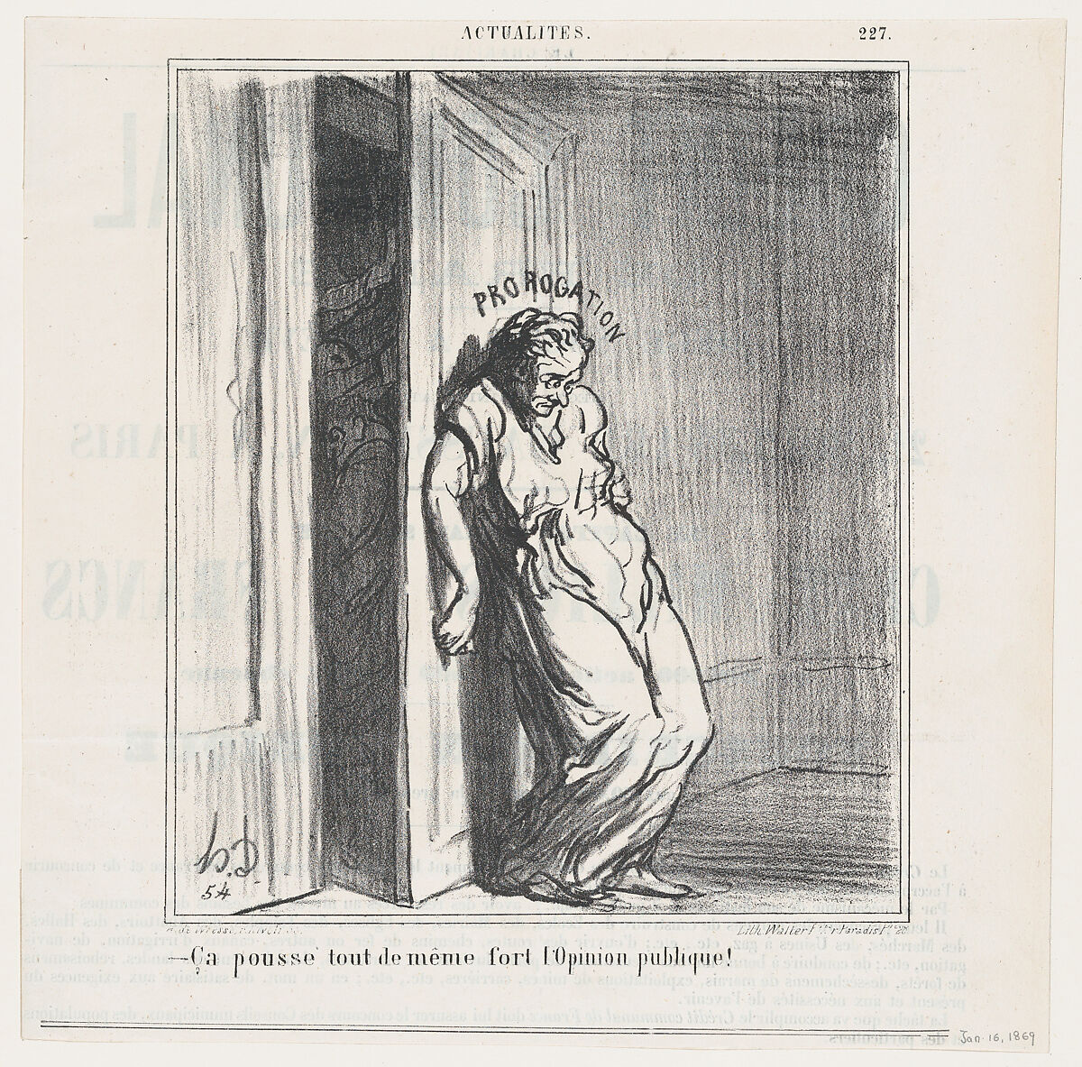 After all, public opinion is really pushing hard, from 'News of the day,' published in Le Charivari, January 16, 1869, Honoré Daumier (French, Marseilles 1808–1879 Valmondois), Lithograph on newsprint; second state of two (Delteil) 