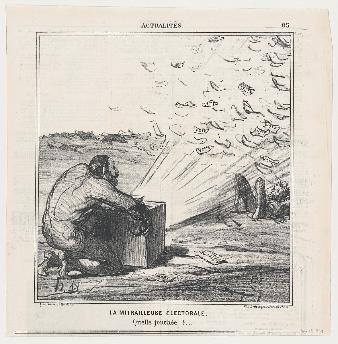 The electoral machine gun. What a strewing of flowers., from 'News of the day,' published in Le Charivari, May 11, 1869, Honoré Daumier (French, Marseilles 1808–1879 Valmondois), Lithograph on newsprint; second state of two (Delteil) 