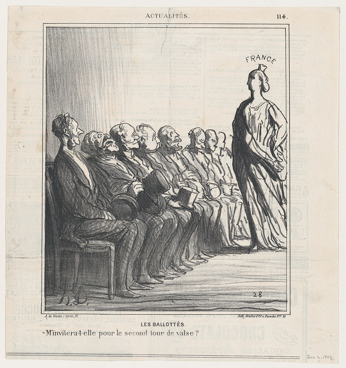 Run-off elections: Will she invite me for a second waltz?, from 'News of the day,' published in Le Charivari, June 2, 1869, Honoré Daumier (French, Marseilles 1808–1879 Valmondois), Lithograph on newsprint; second state of two (Delteil) 
