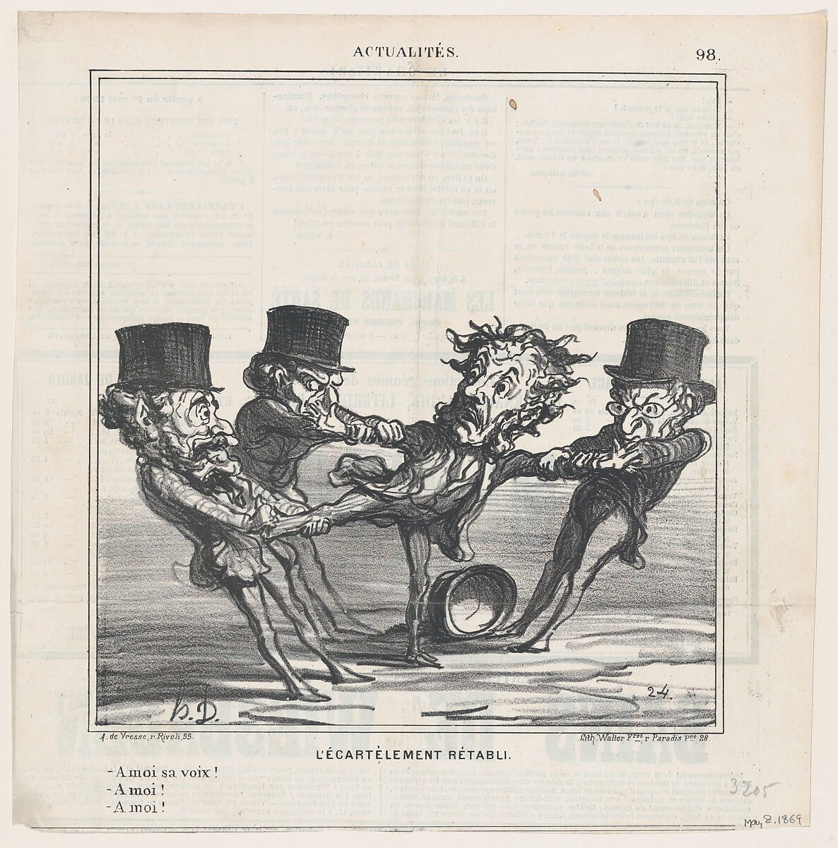 The quartering reinstated: Give me your vote! To me! No, to me!, from 'News of the day,' published in Le Charivari, May 8, 1869, Honoré Daumier (French, Marseilles 1808–1879 Valmondois), Lithograph on newsprint; third state of three (Delteil) 