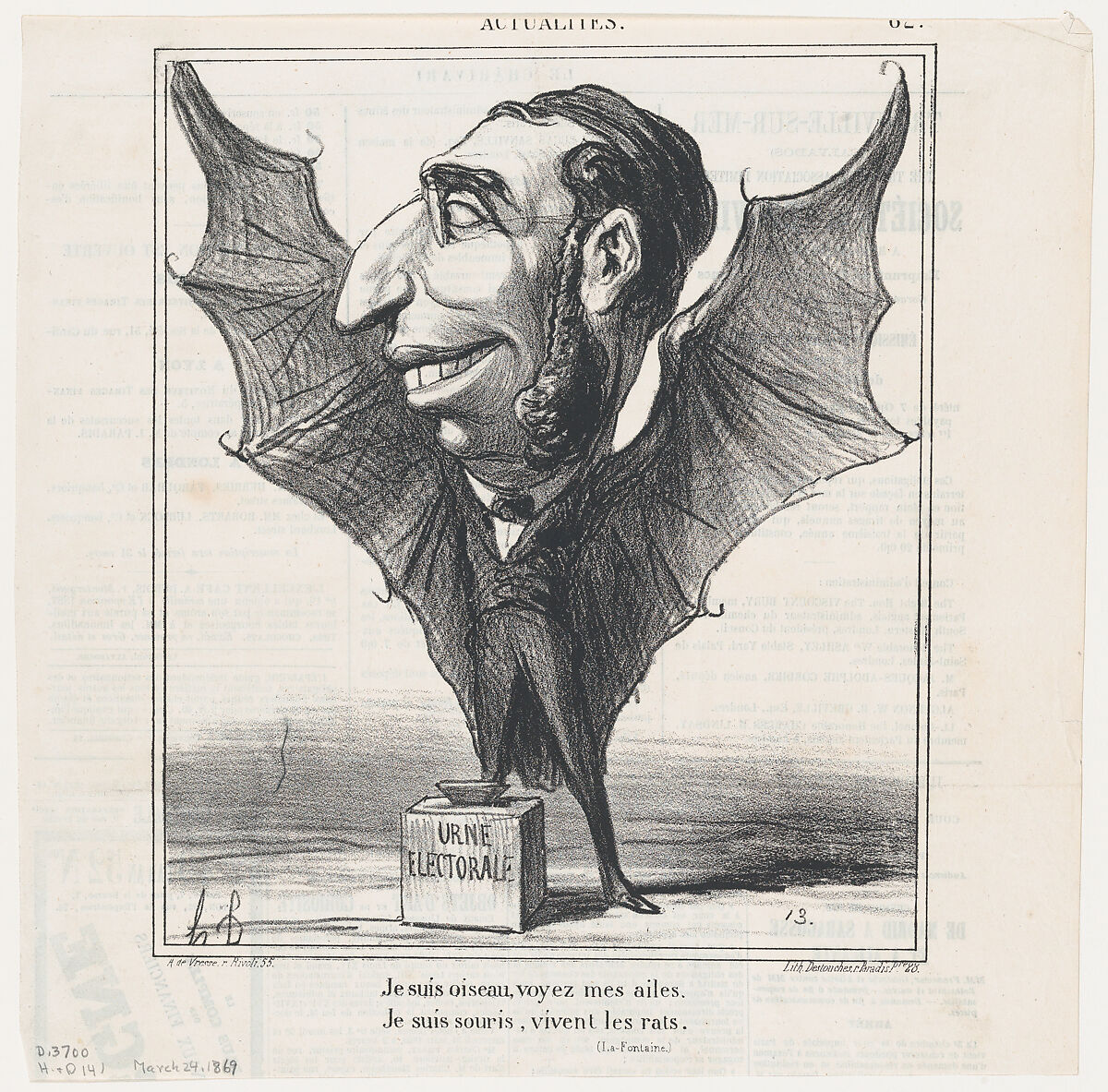 I am a bird, see my wings. I am a bat, long live the rats (La Fontaine), from 'News of the day,' published in Le Charivari, March 24, 1869, Honoré Daumier (French, Marseilles 1808–1879 Valmondois), Lithograph on newsprint; third state of three (Delteil) 
