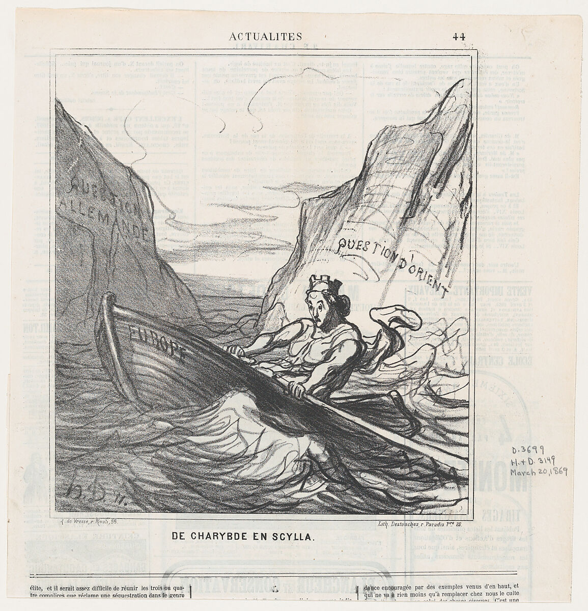 From Scylla to Charybdis, from 'News of the day,' published in Le Charivari, March 20, 1869, Honoré Daumier (French, Marseilles 1808–1879 Valmondois), Lithograph on newsprint; third state of three (Delteil) 