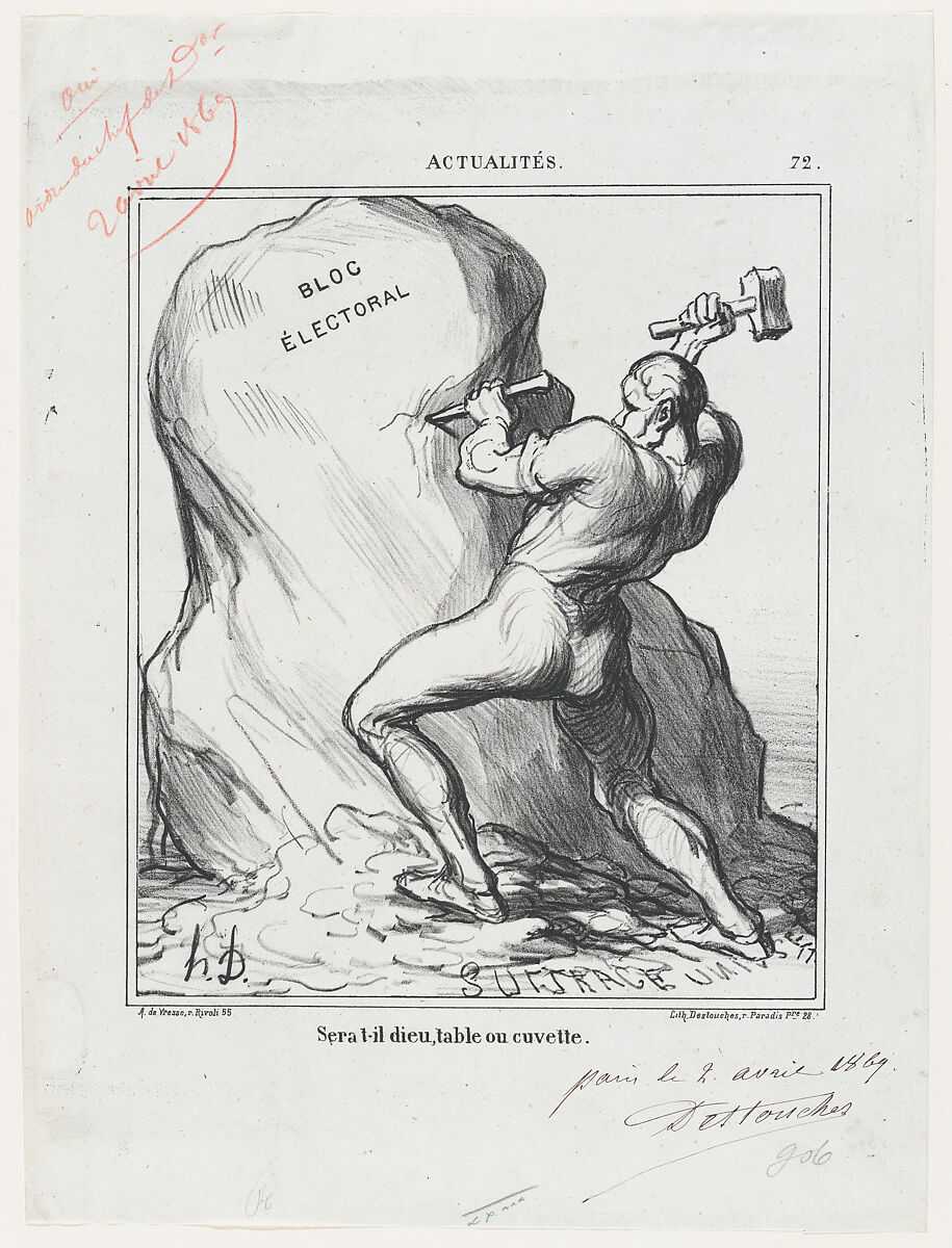 Will he be God, a table, or a basin?, from 'News of the day,' published in Le Charivari, April 12, 1869, Honoré Daumier (French, Marseilles 1808–1879 Valmondois), Lithograph, pen and brown ink, and red pencil on newsprint; second state of three, proof (Delteil) 