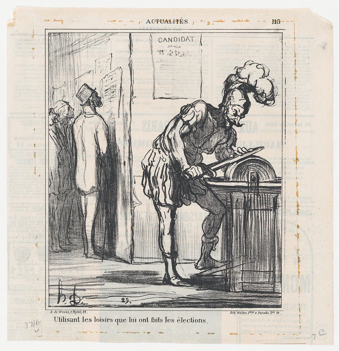 Using the free time the elections have given him, from News of the day, published in "Le Charivari", Honoré Daumier (French, Marseilles 1808–1879 Valmondois), Lithograph on newsprint; second state of two (Delteil) 